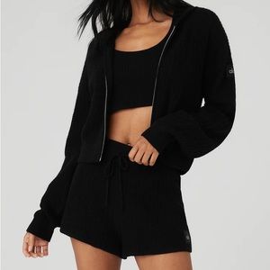 Alo Yoga Cashmere Plush Waffle Full Zip Hoodie in Black